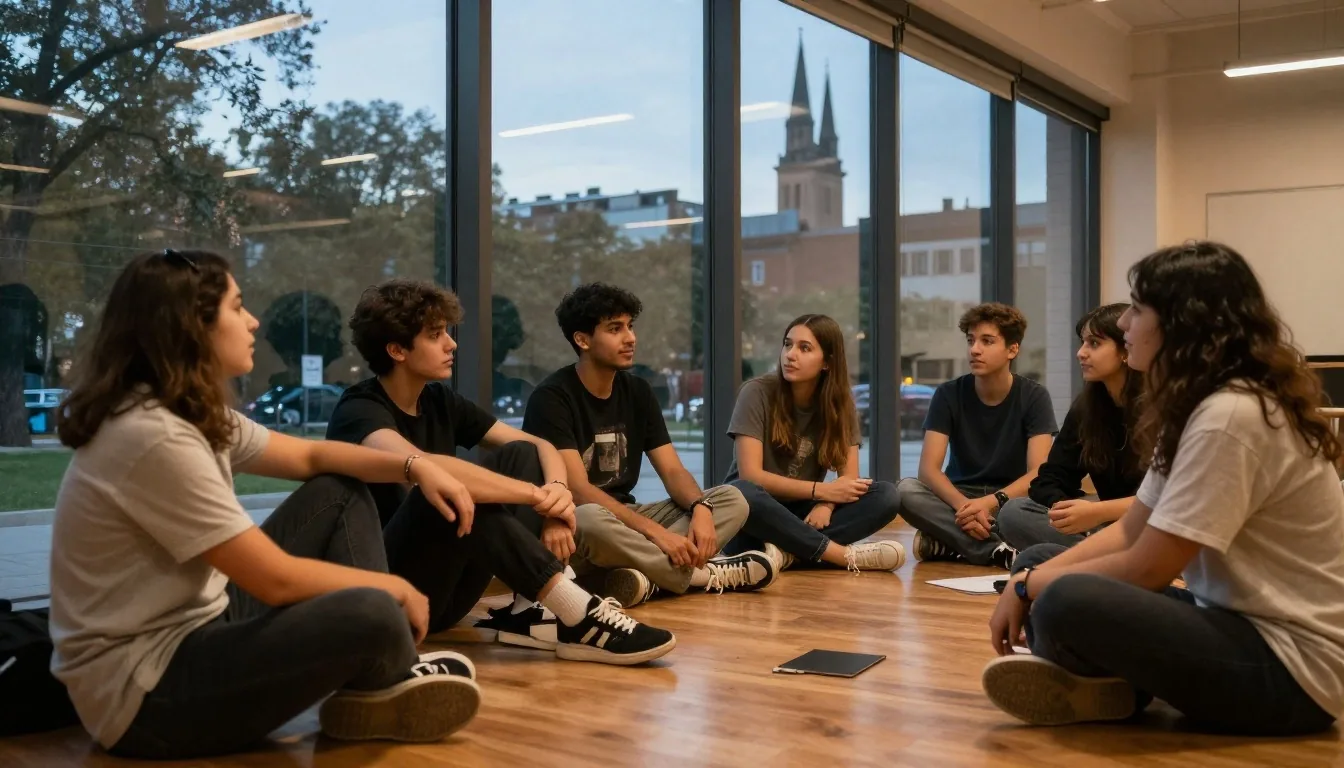 Estudiantes conversando después del taller