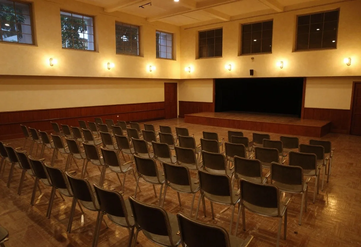 Aula tranquila al atardecer con papeles apilados bajo la lámpara