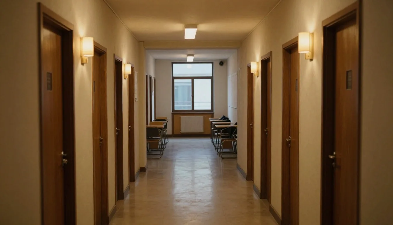 Estudiantes en mesas de trabajo bajo luz cálida de taller